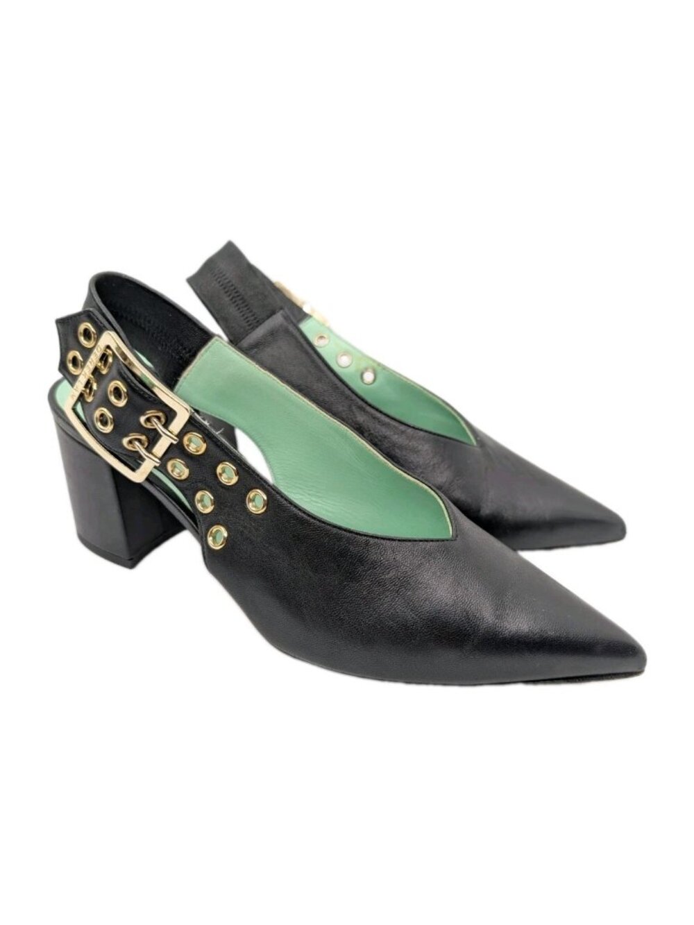 Derek Lam Black Leather Buckle gold Slingback Block Heels Chic runway EU 38 US 8